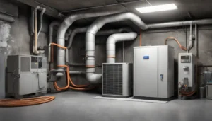 HVAC system in a basement featuring clean furnace, ducts, coiled wires, toolkit, concrete walls and floor, illustrating winter preparation tips.